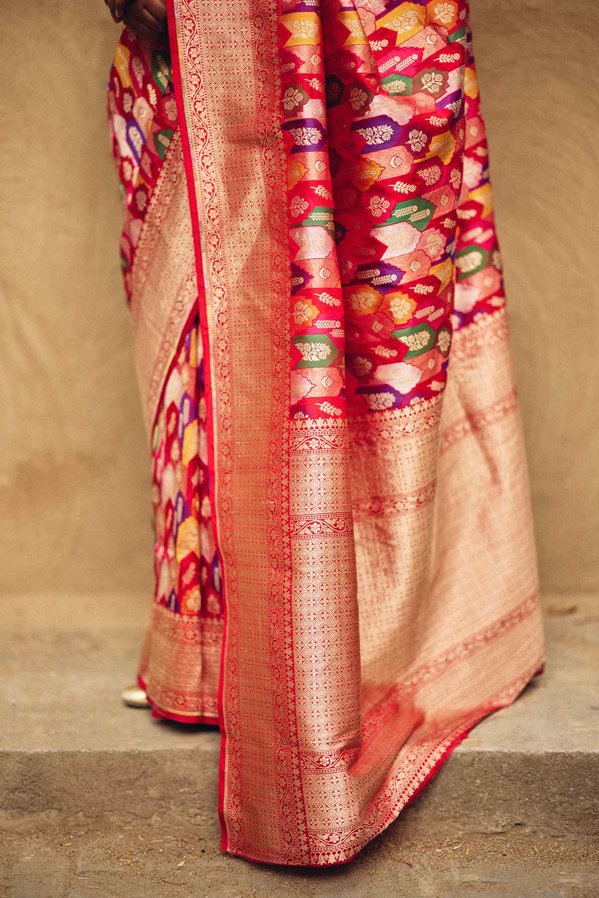 Handwoven Pure Silk Banarasi Rangkat Saree – Multicolour on Red