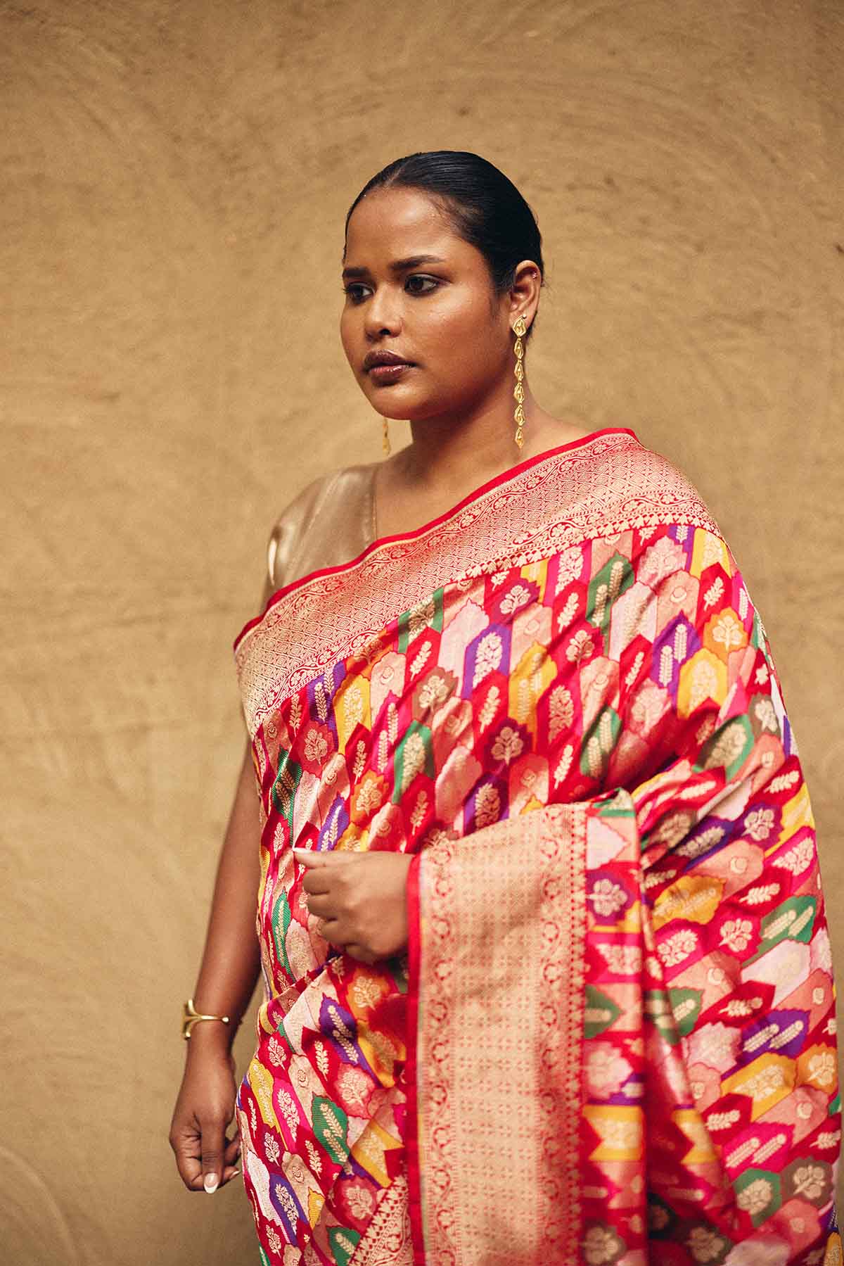 Handwoven Pure Silk Banarasi Rangkat Saree – Multicolour on Red