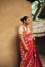 Handwoven Pure Silk Banarasi Rangkat Saree – Multicolour on Red