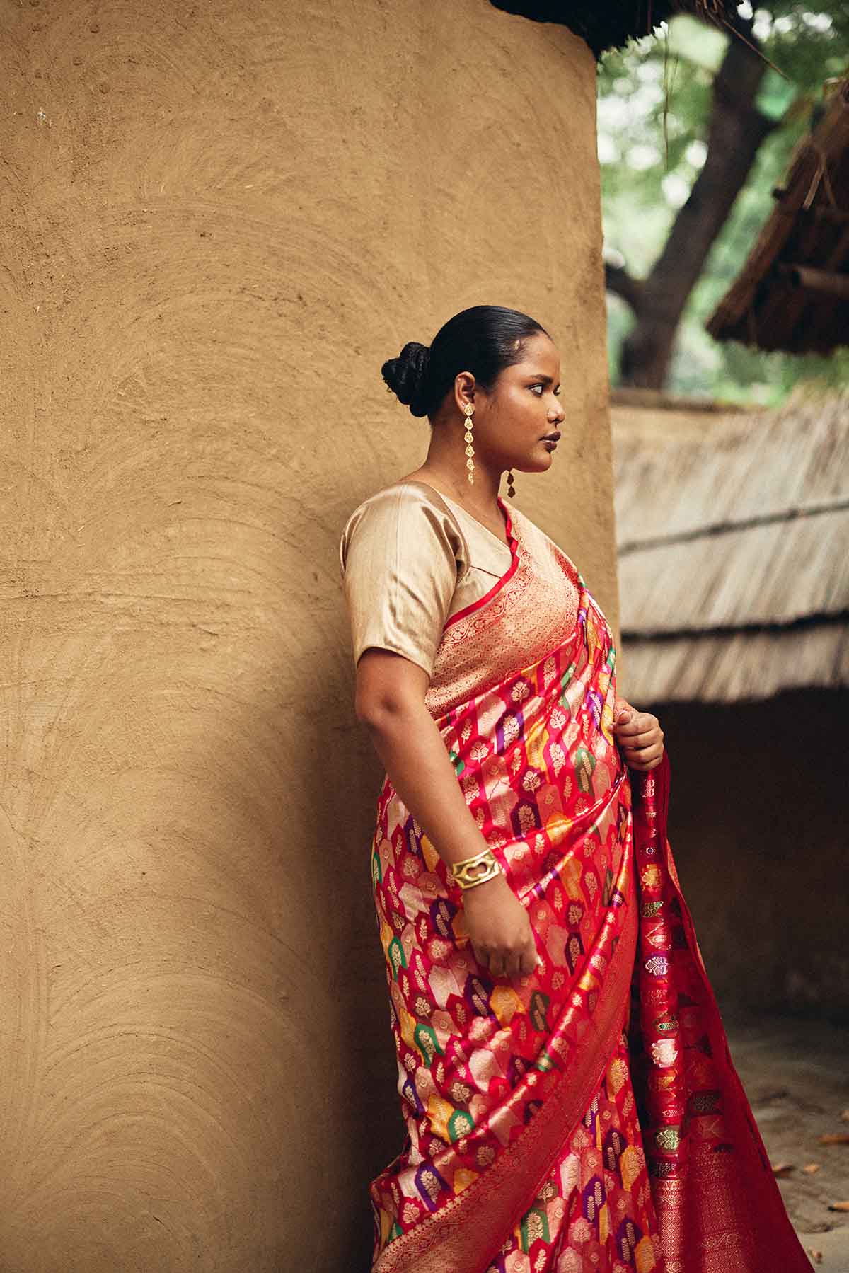 Handwoven Pure Silk Banarasi Rangkat Saree – Multicolour on Red