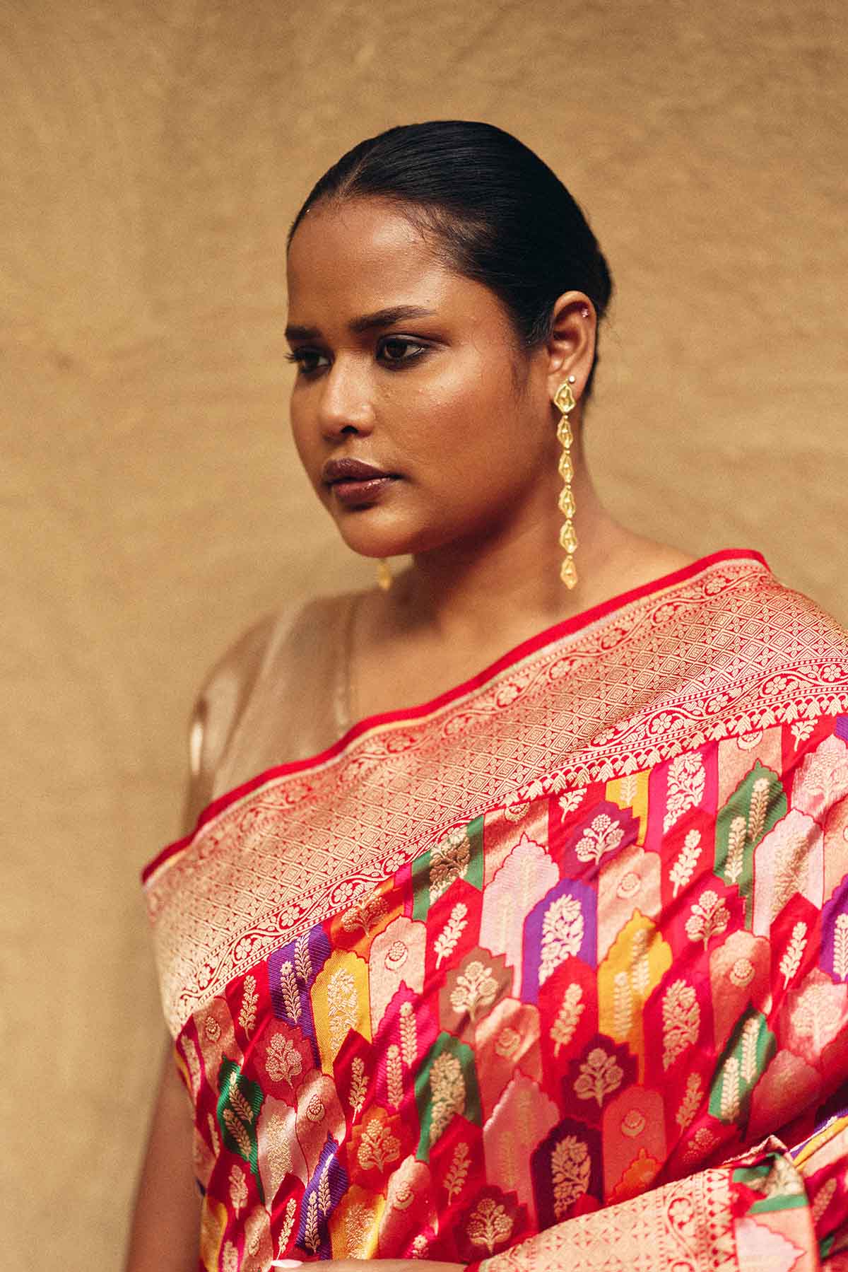 Handwoven Pure Silk Banarasi Rangkat Saree – Multicolour on Red