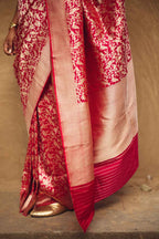 Pure Katan Silk Banarasi Saree with Shikargah Jaal – Red & Gold