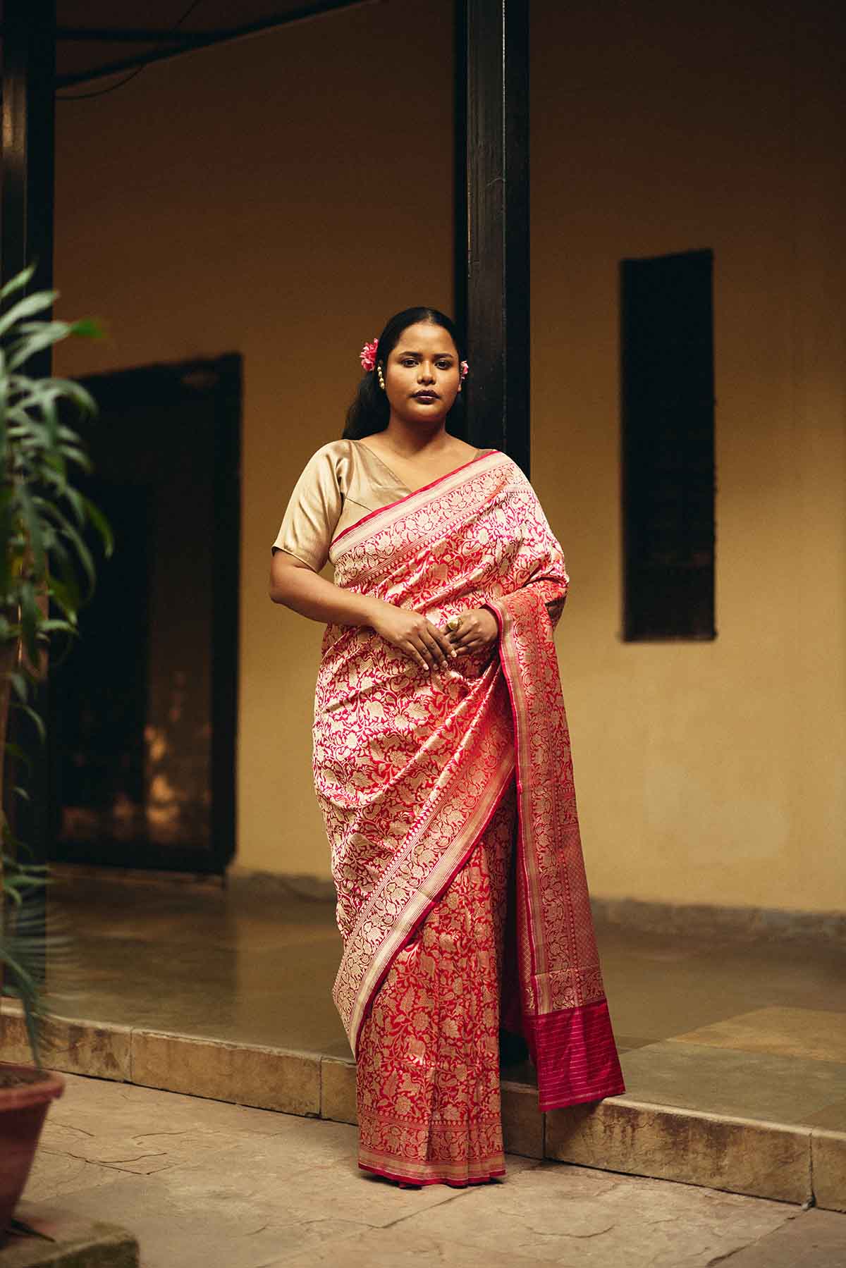 Pure Silk Banarasi Saree with Shikargah Brocade Weave – Red & Gold