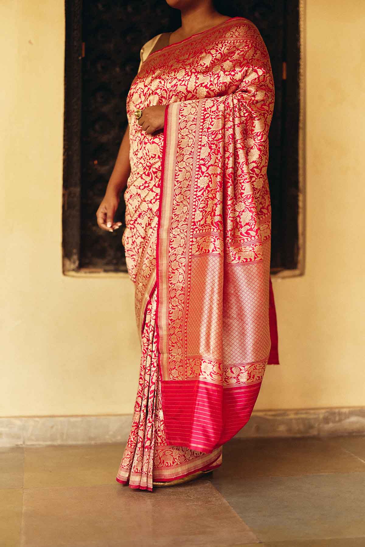 Pure Silk Banarasi Saree with Shikargah Brocade Weave – Red & Gold