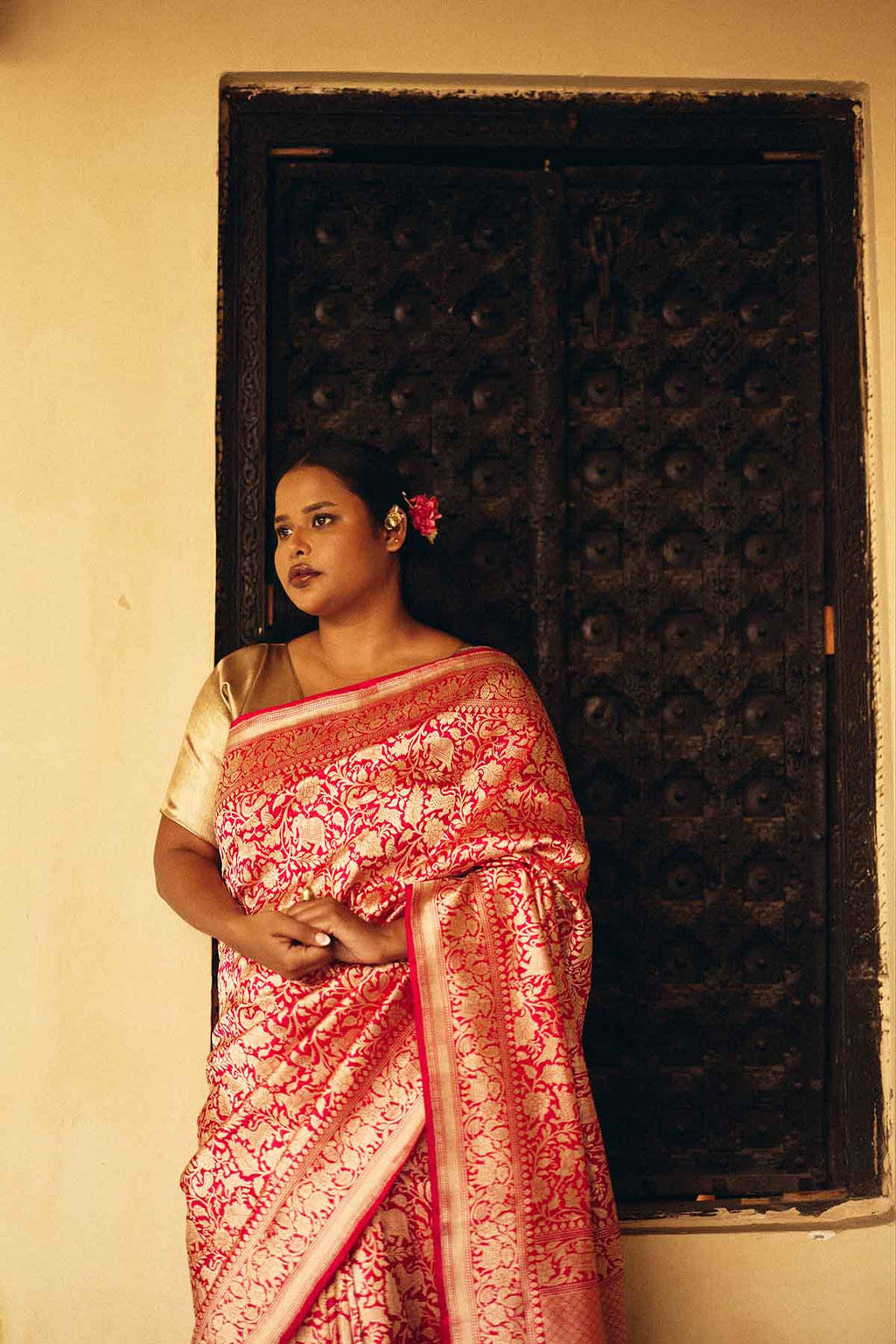 Pure Silk Banarasi Shikargah Saree – Red & Gold