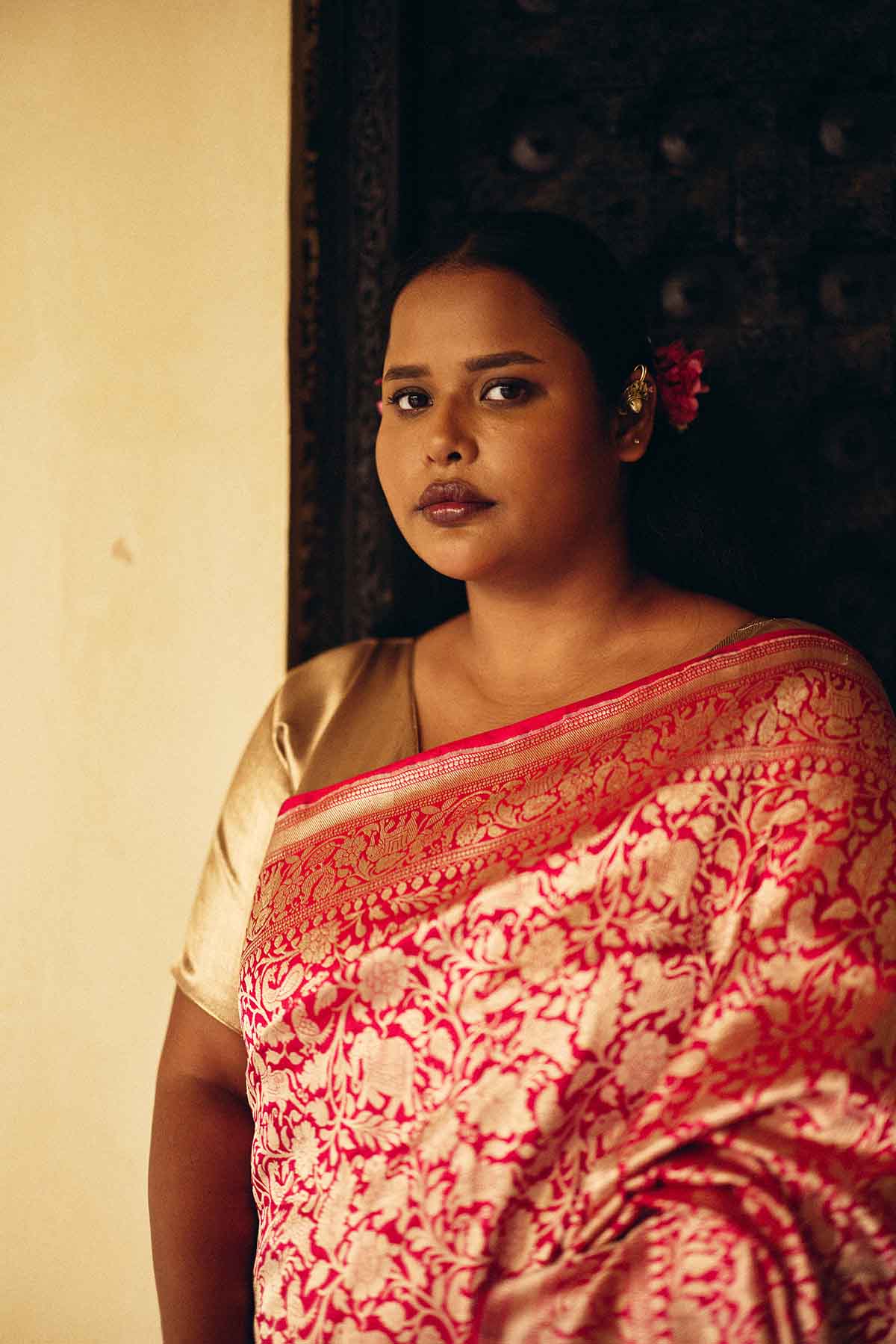 Pure Silk Banarasi Shikargah Saree – Red & Gold