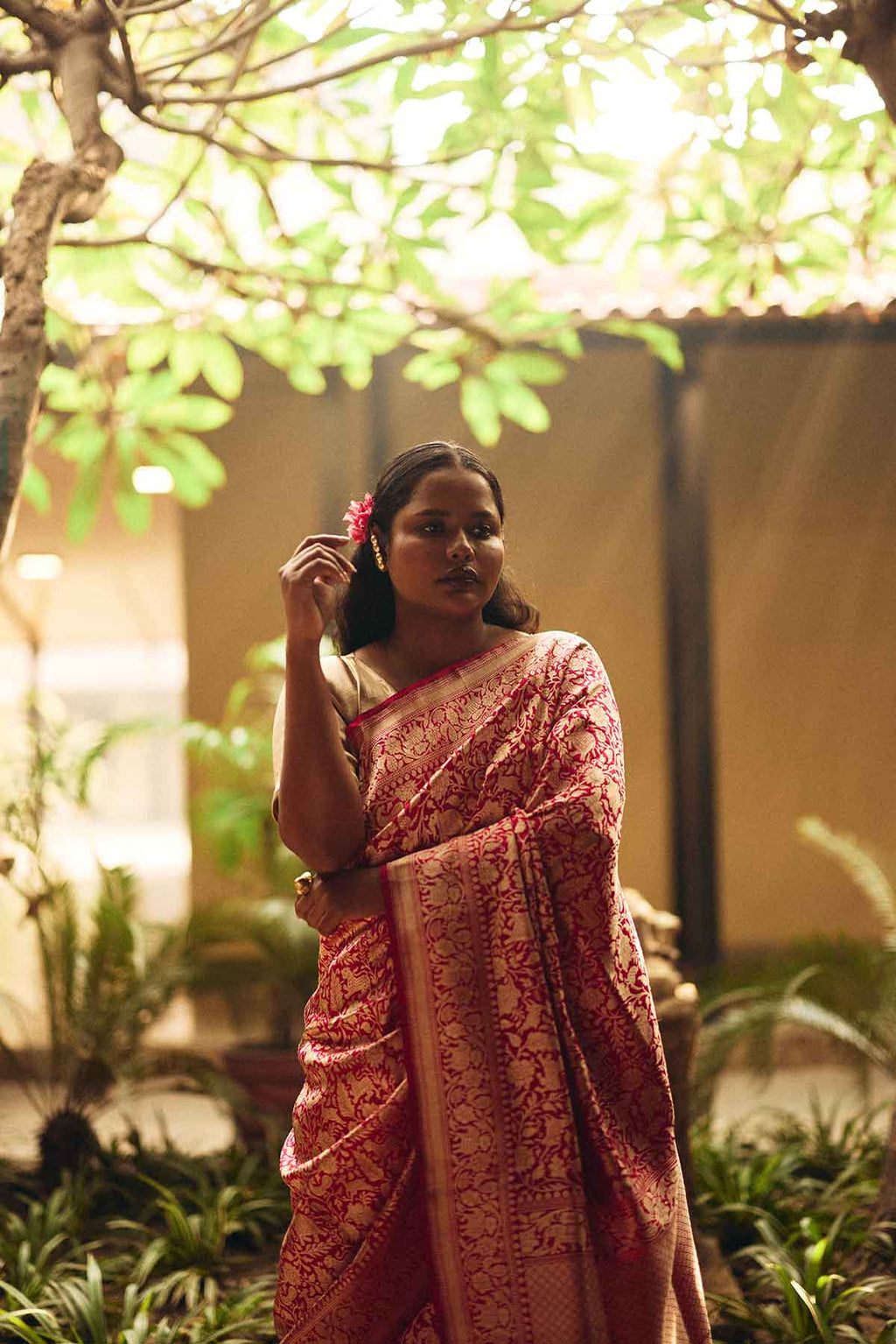 Pure Silk Banarasi Shikargah Saree – Red & Gold