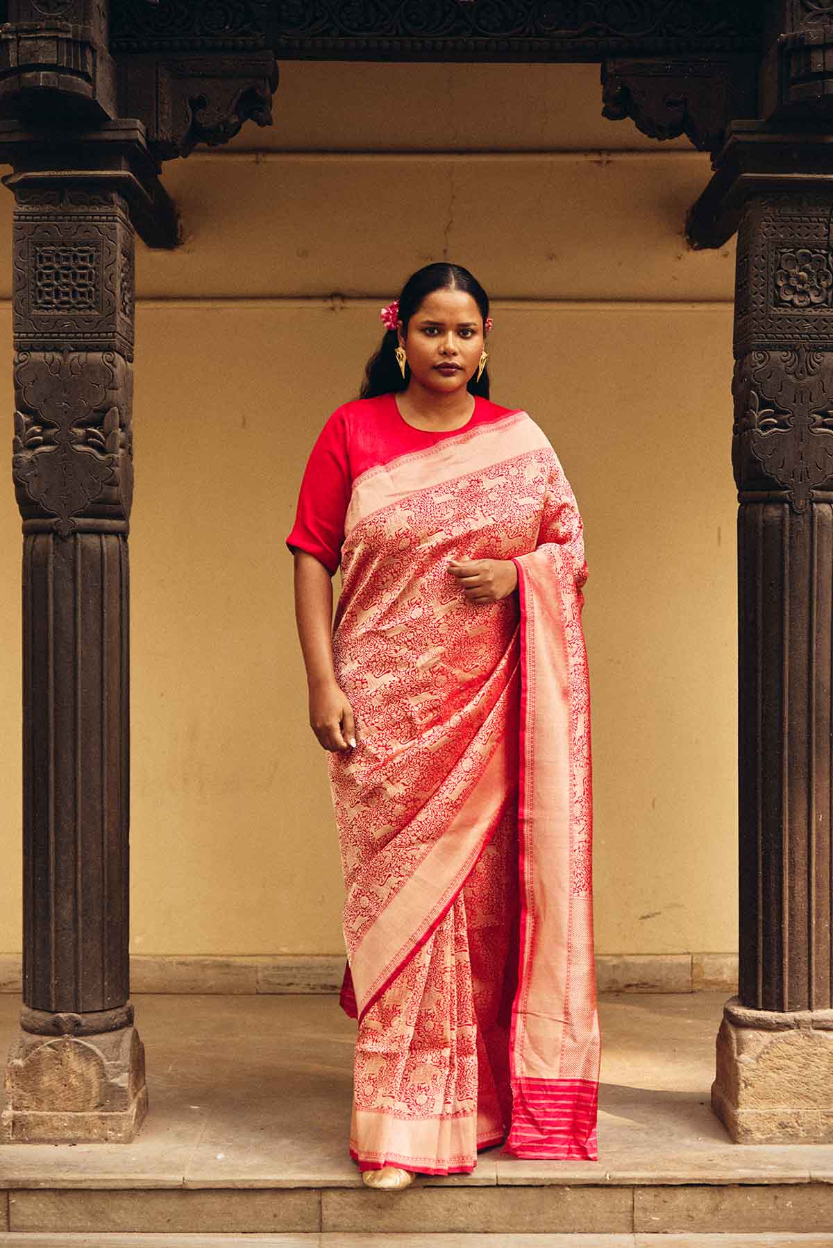 Pure Silk Banarasi Shikargah Saree – Red & Gold