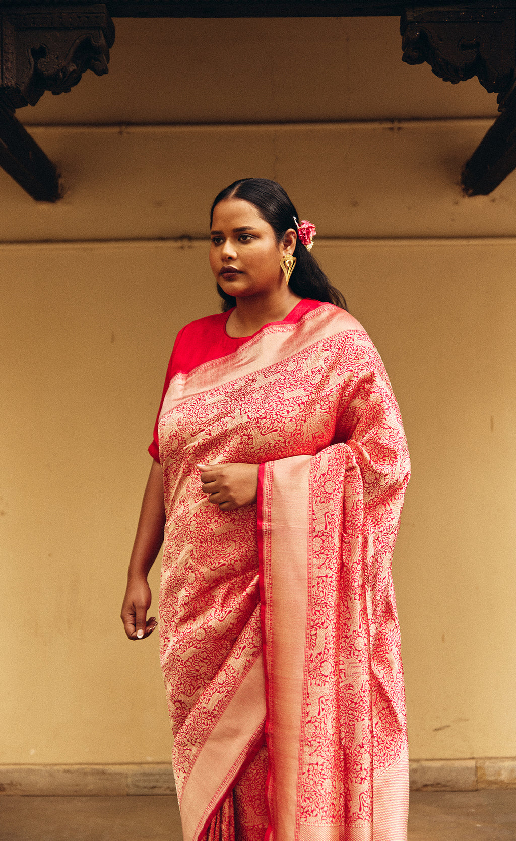 Pure Silk Banarasi Shikargah Saree – Red & Gold