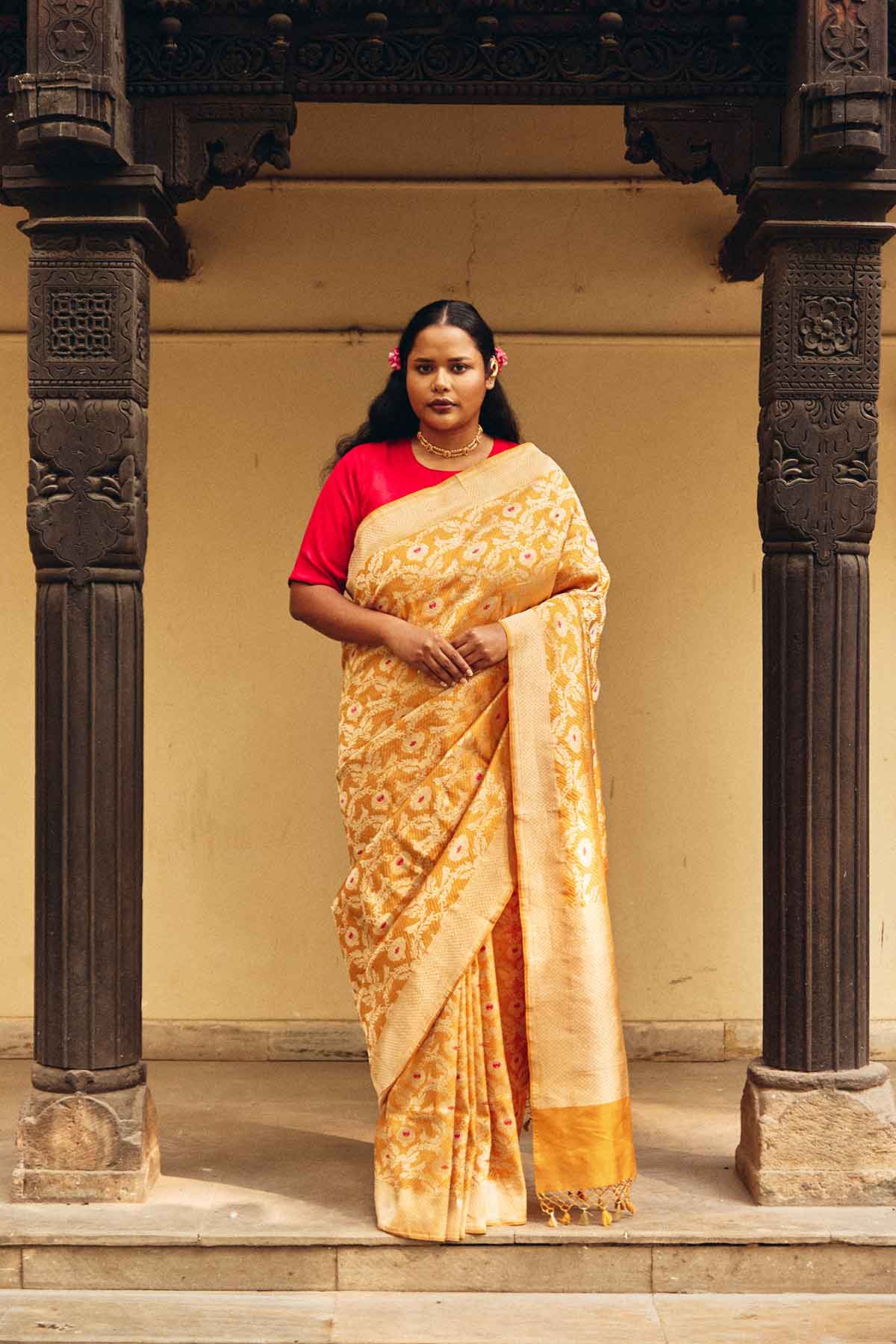 Pure Silk Banarasi Saree with Figured Minedar Weave – Mustard Gold