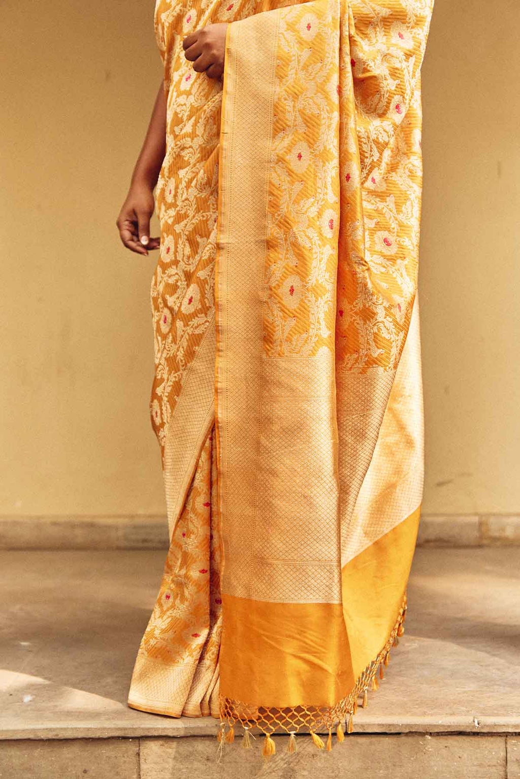 Pure Silk Banarasi Saree with Figured Minedar Weave – Mustard Gold