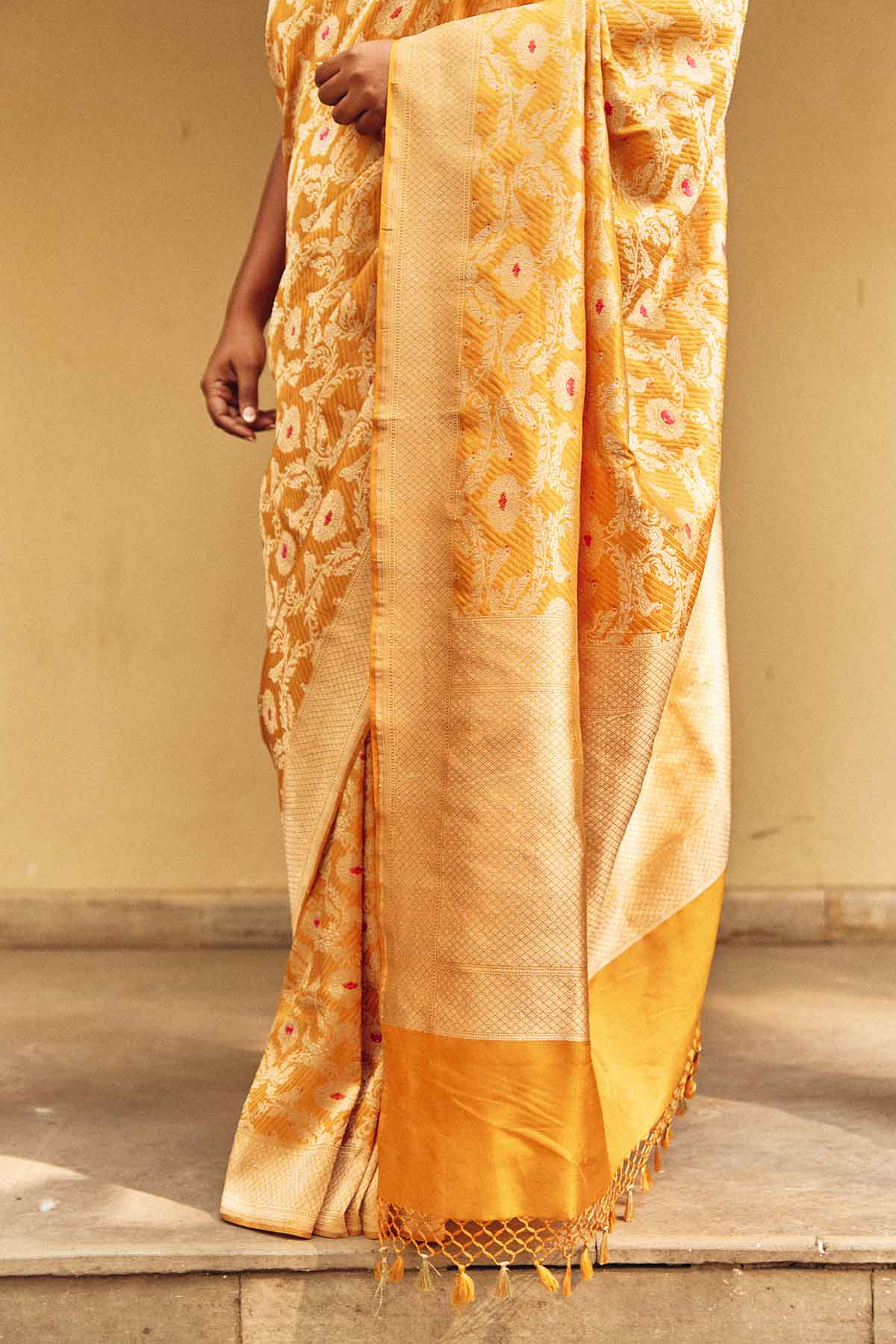 Pure Silk Banarasi Saree with Figured Minedar Weave – Mustard Gold