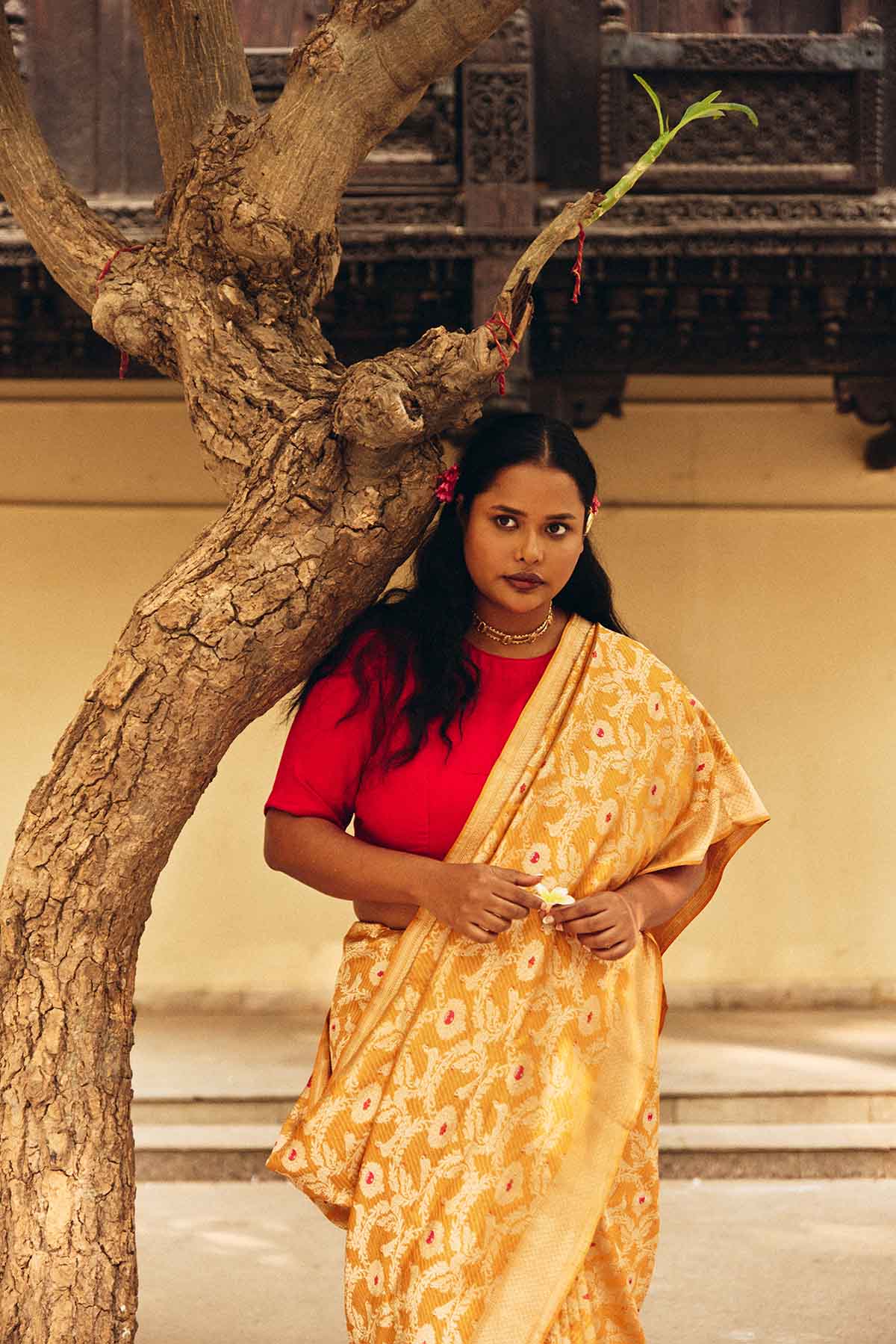 Pure Silk Banarasi Saree with Figured Minedar Weave – Mustard Gold