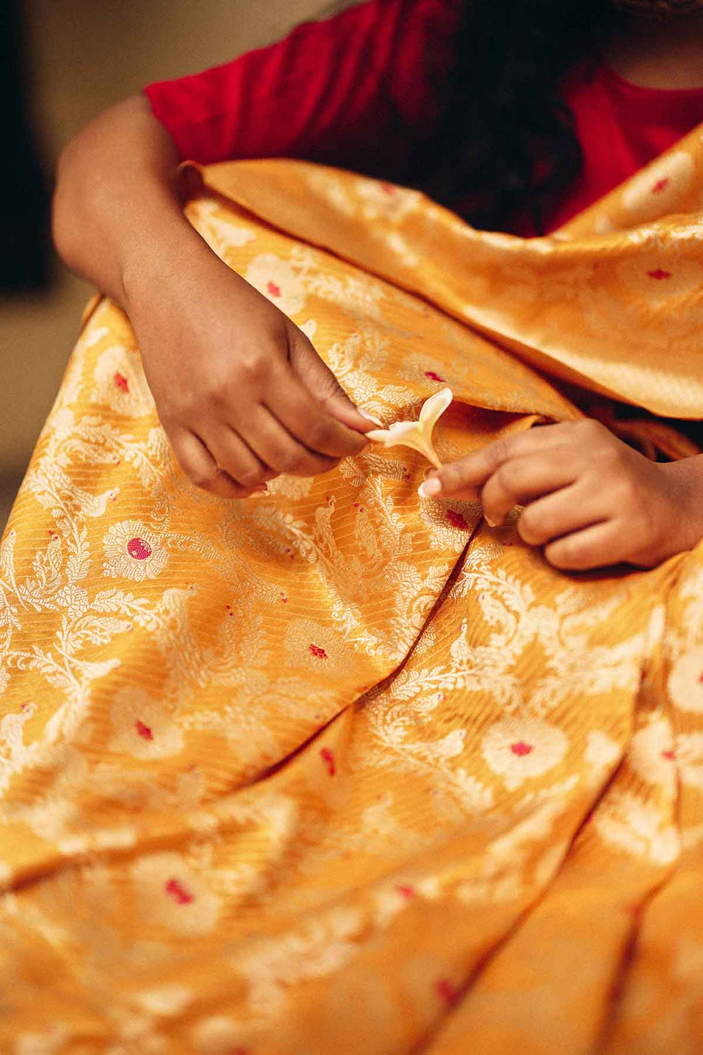 Pure Silk Banarasi Saree with Figured Minedar Weave – Mustard Gold