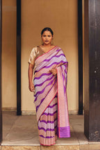 Pure Banarasi Silk Kadhuwa Jangla Saree – Wave Design in Purple & Rose Gold