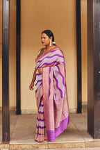 Pure Banarasi Silk Kadhuwa Jangla Saree – Wave Design in Purple & Rose Gold
