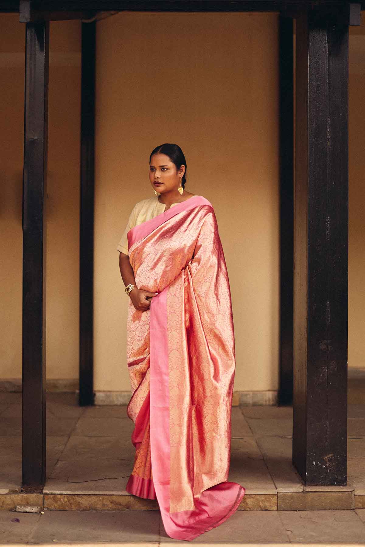 Pure Silk Banarasi Brocade Tanchoi Jamewar Saree with Masru Border – Peach Gold
