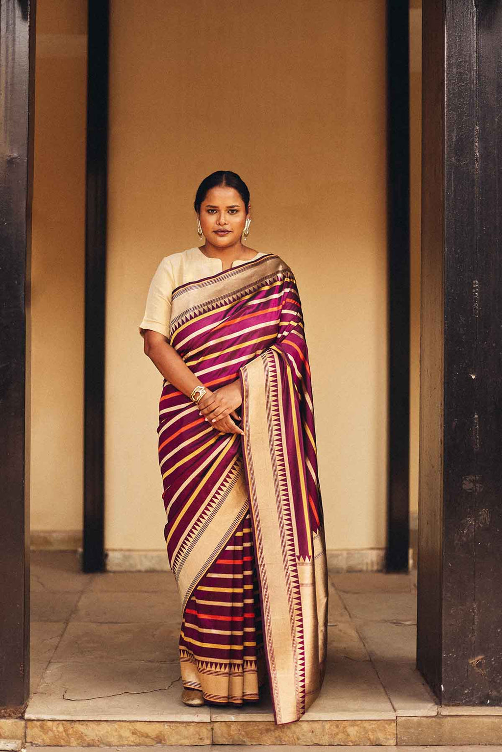 Pure Silk Banarasi Saree with Multicolor Stripes & Zari Border – Purple Gold
