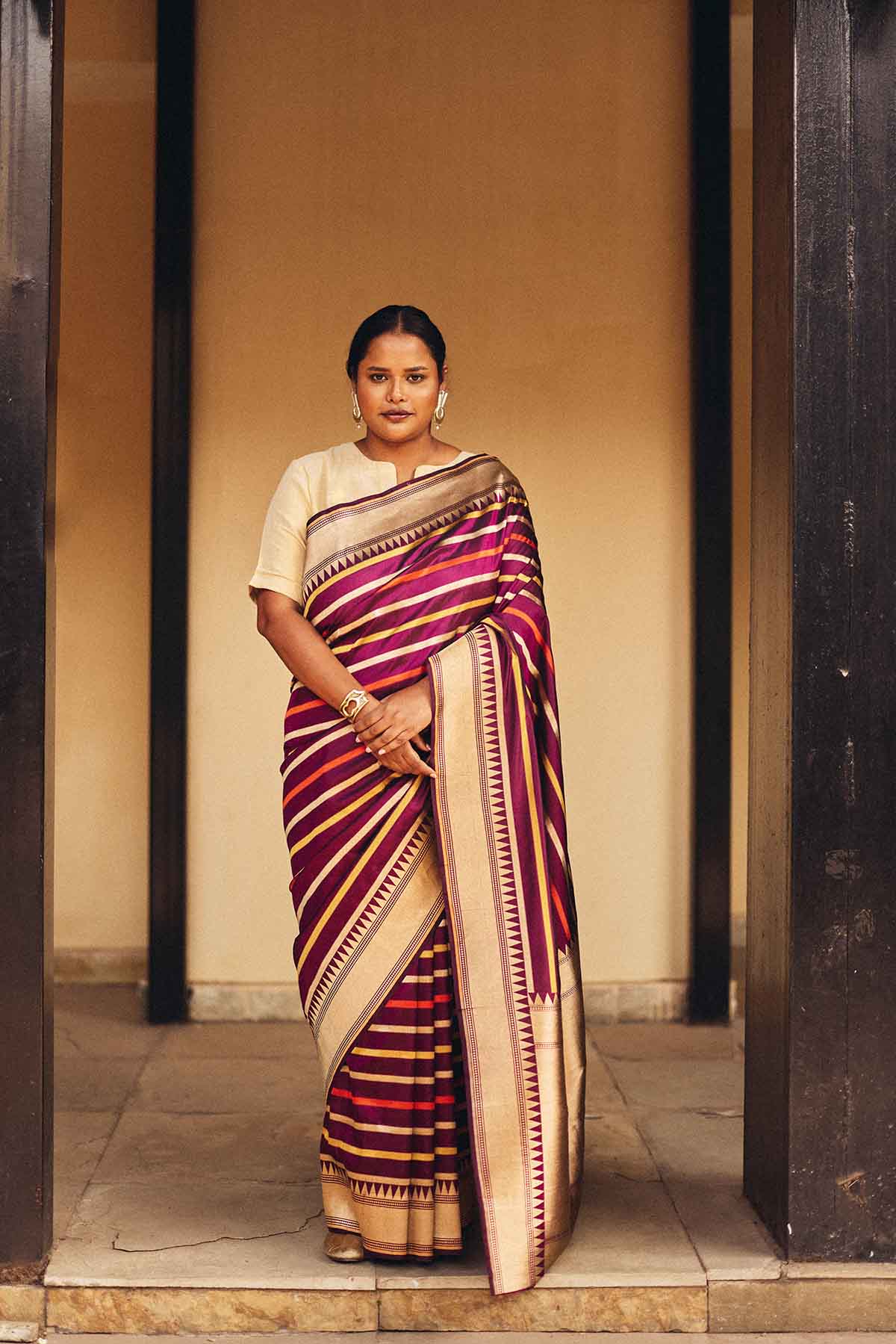 Pure Silk Banarasi Saree with Multicolor Stripes & Zari Border – Purple Gold