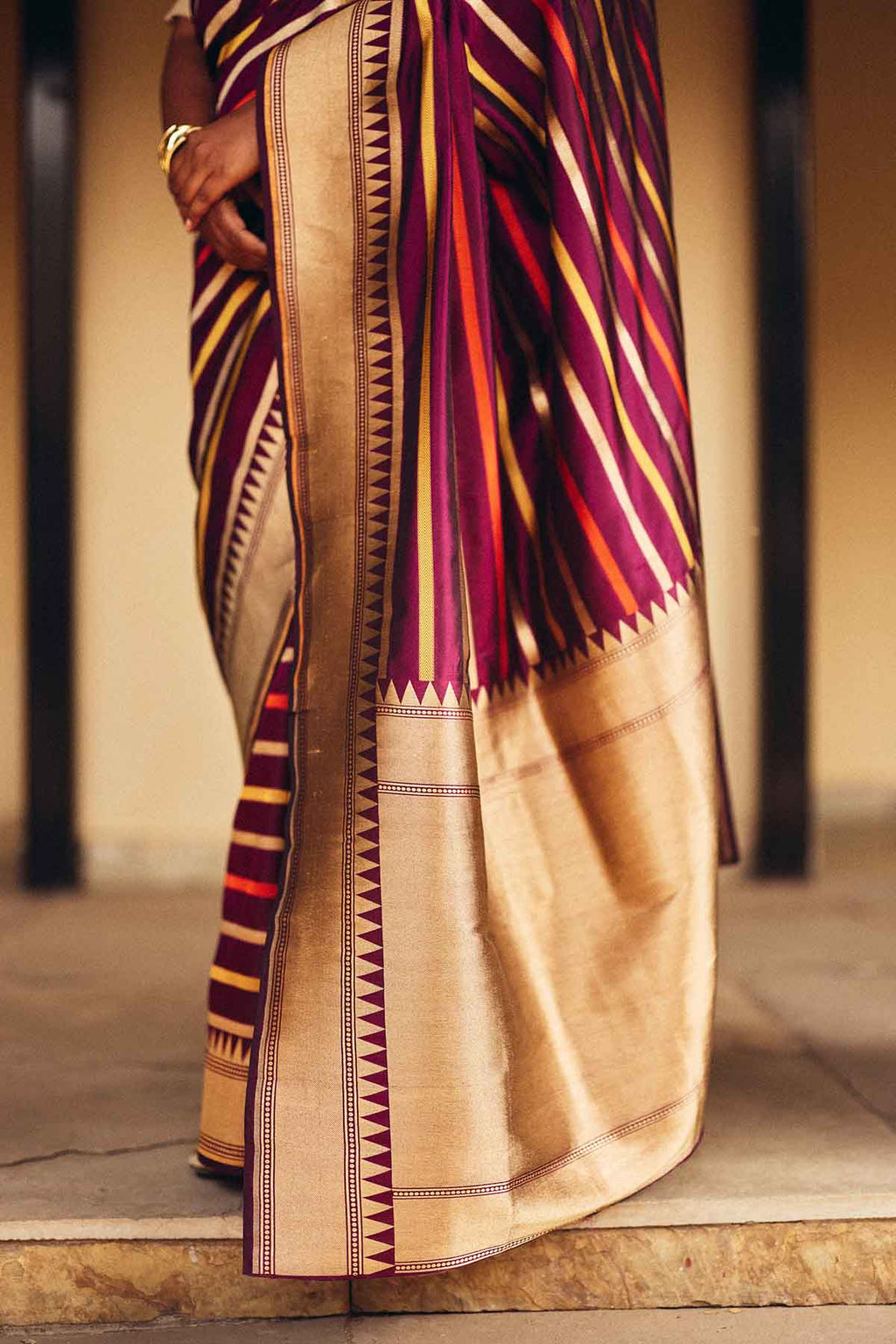 Pure Silk Banarasi Saree with Multicolor Stripes & Zari Border – Purple Gold
