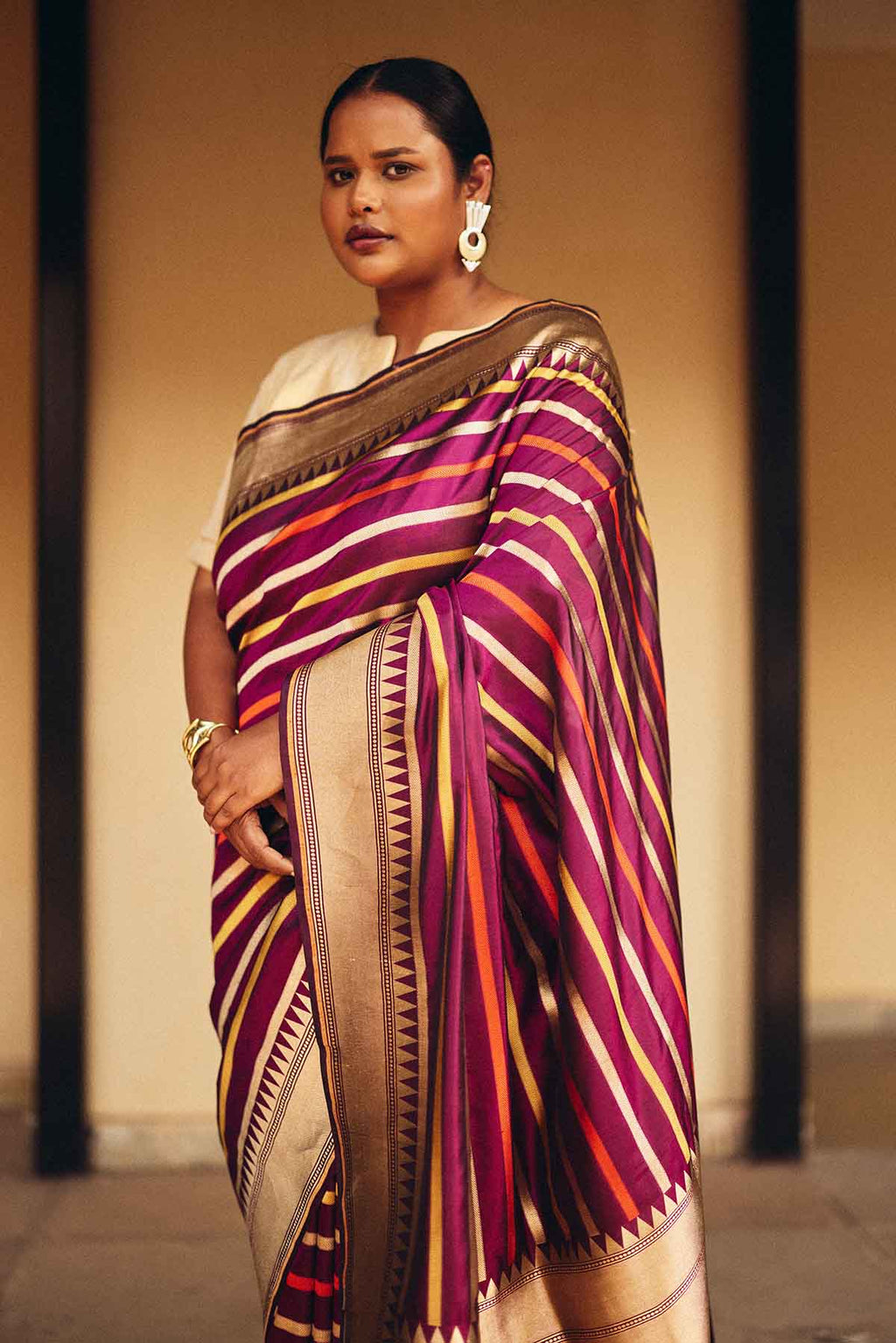 Pure Silk Banarasi Saree with Multicolor Stripes & Zari Border – Purple Gold