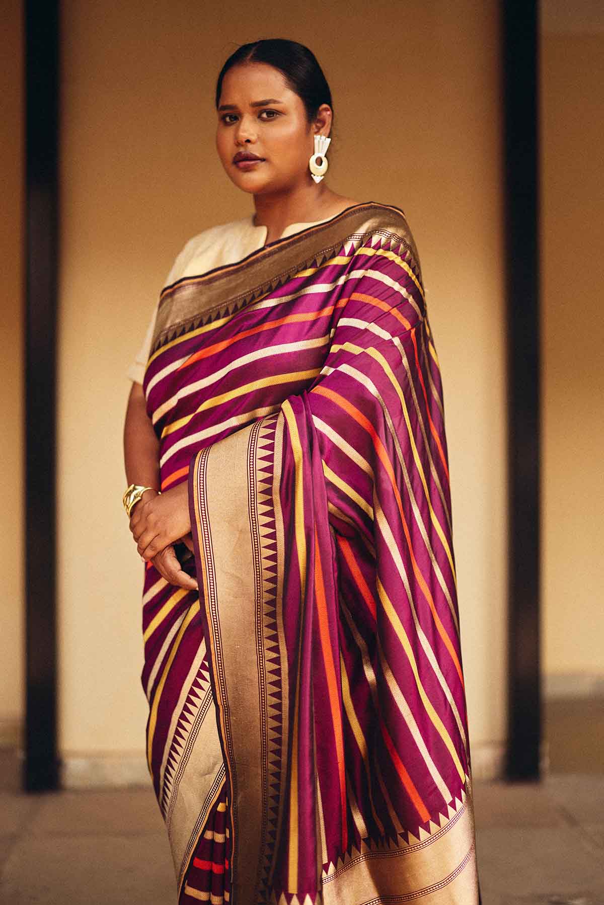 Pure Silk Banarasi Saree with Multicolor Stripes & Zari Border – Purple Gold