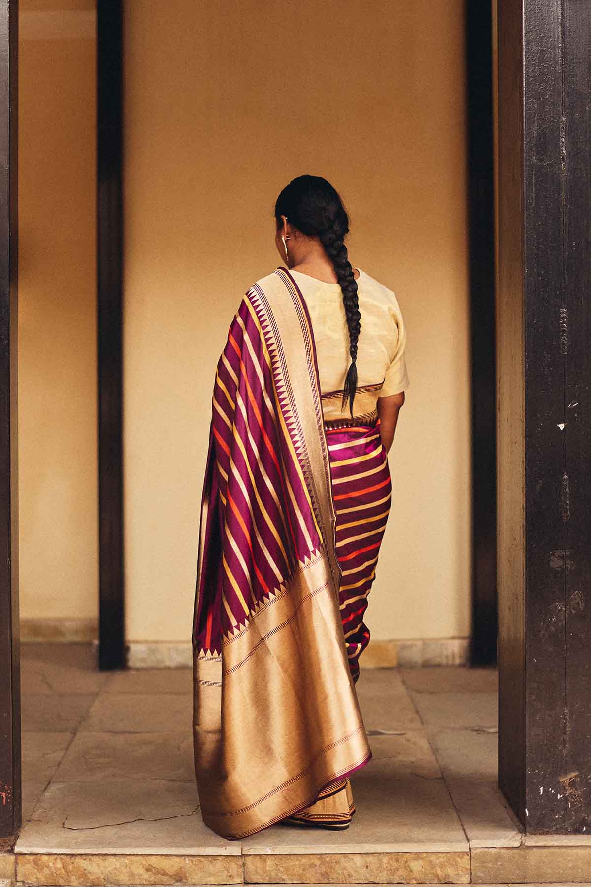 Pure Silk Banarasi Saree with Multicolor Stripes & Zari Border – Purple Gold