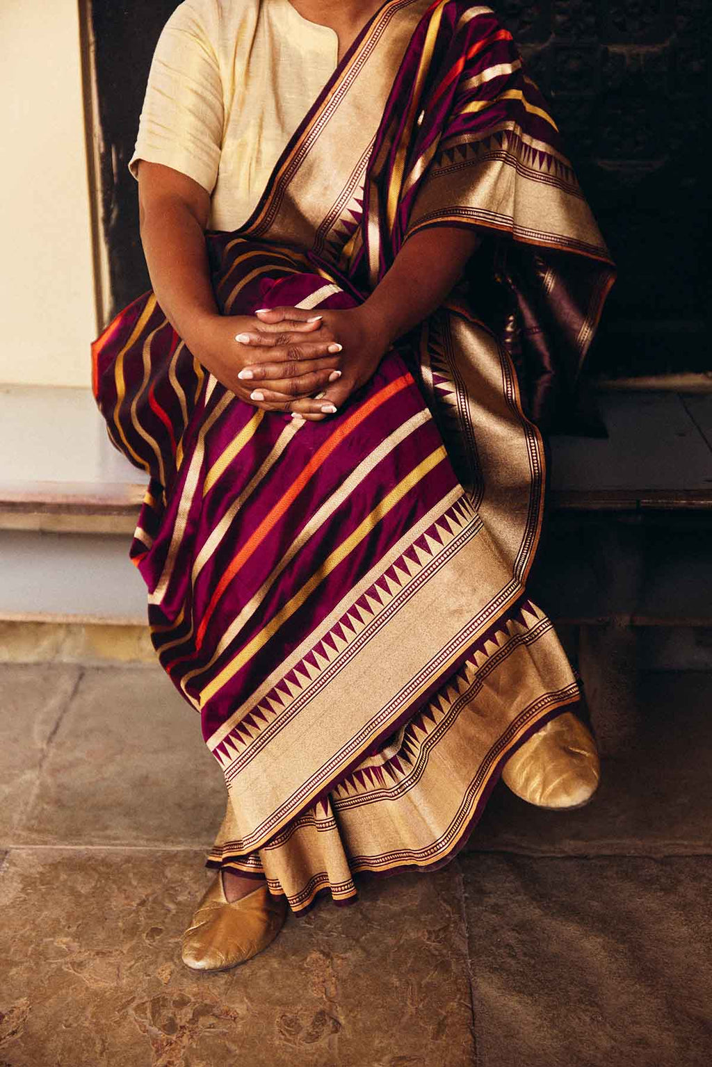 Pure Silk Banarasi Saree with Multicolor Stripes & Zari Border – Purple Gold