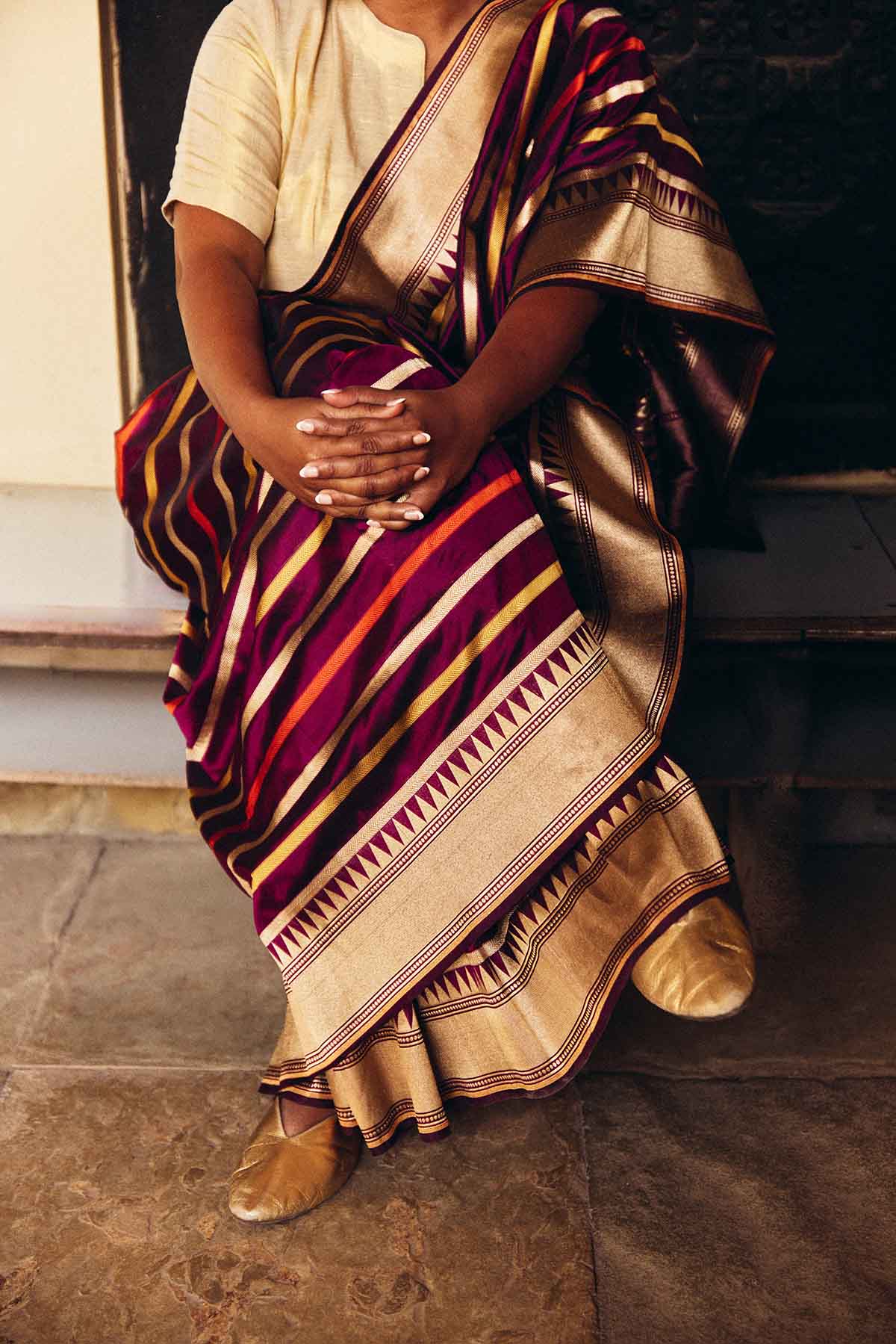 Pure Silk Banarasi Saree with Multicolor Stripes & Zari Border – Purple Gold