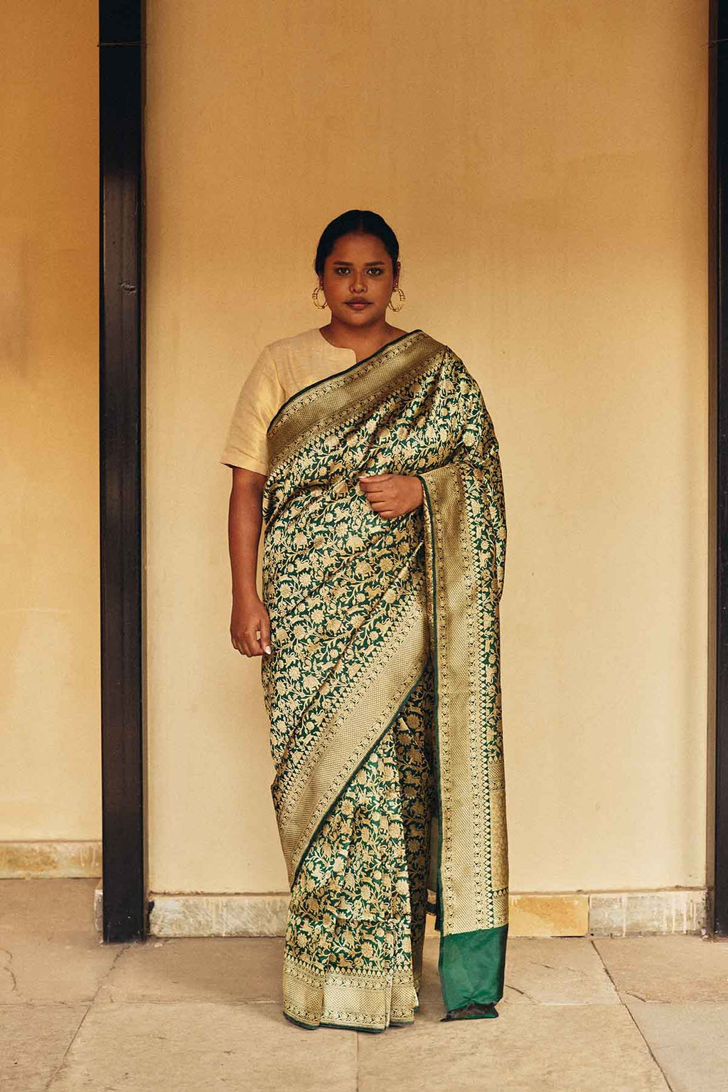 Pure Katan Silk Shikargah Banarasi Saree in Emerald Green & Gold