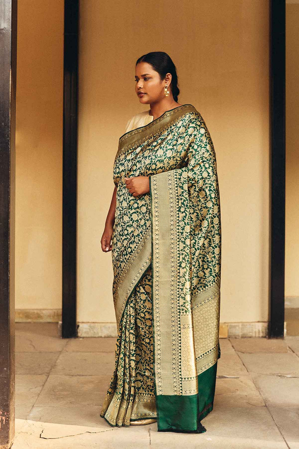 Pure Katan Silk Shikargah Banarasi Saree in Emerald Green & Gold
