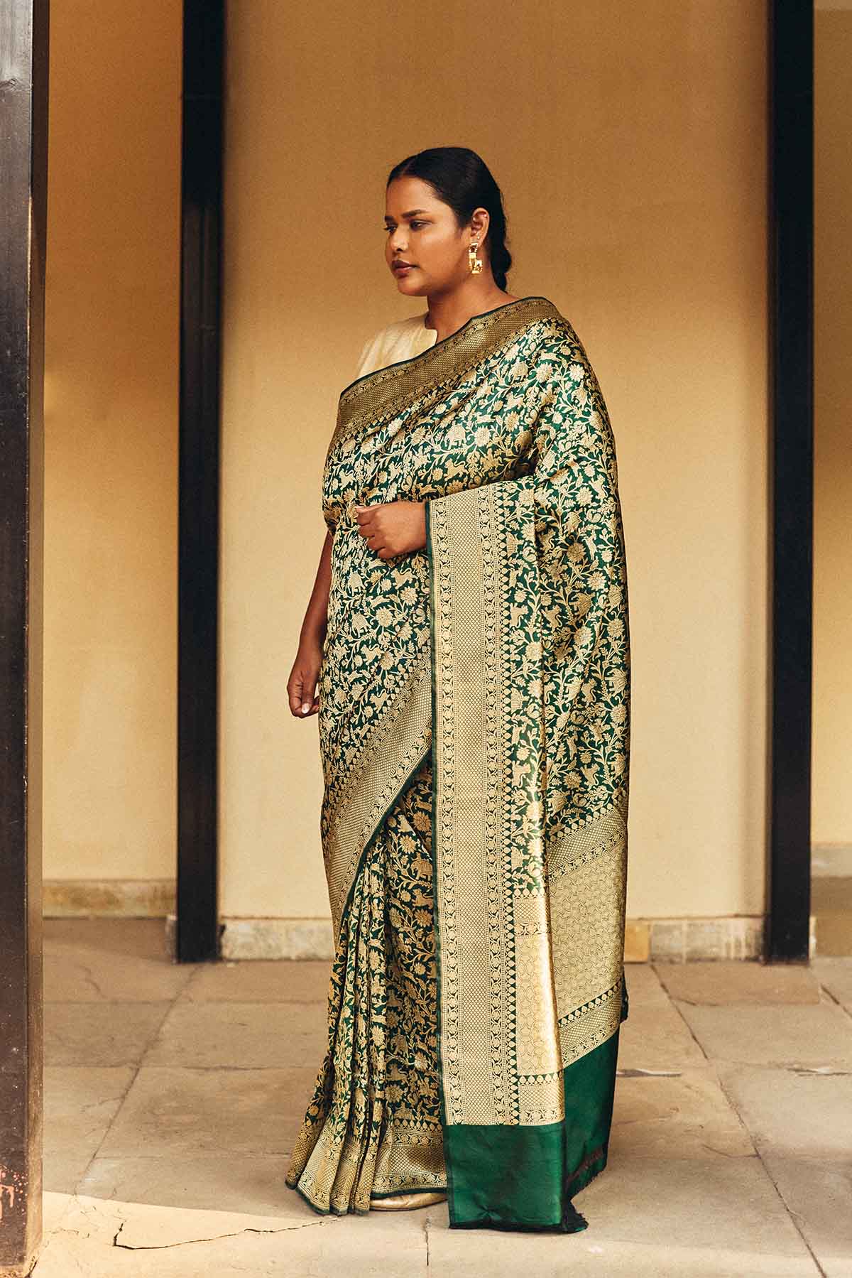 Pure Katan Silk Shikargah Banarasi Saree in Emerald Green & Gold