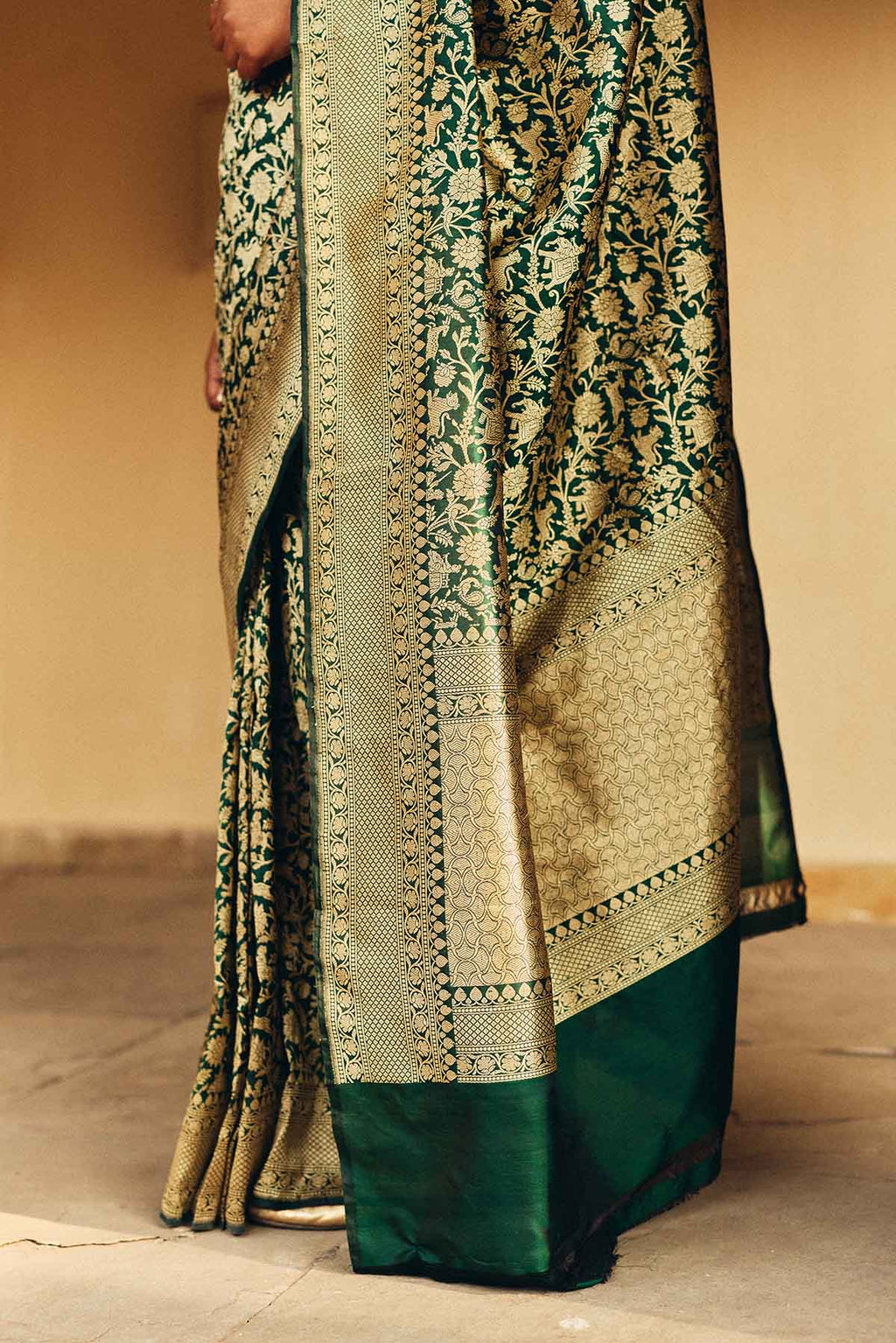Pure Katan Silk Shikargah Banarasi Saree in Emerald Green & Gold