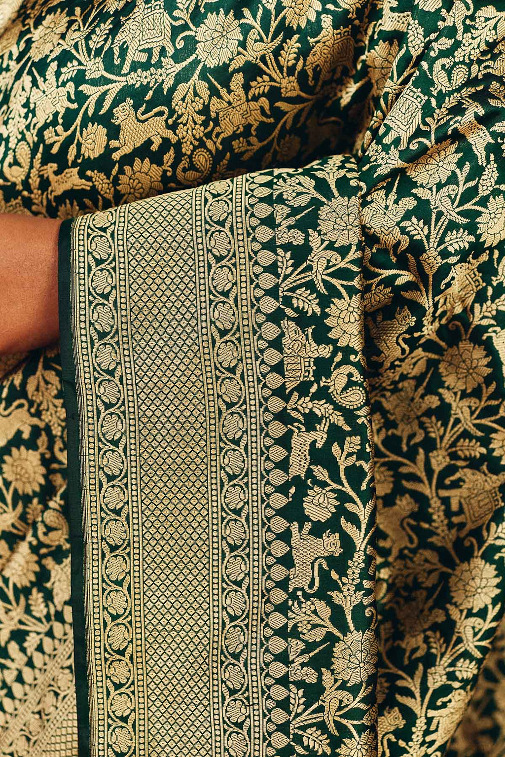 Pure Katan Silk Shikargah Banarasi Saree in Emerald Green & Gold