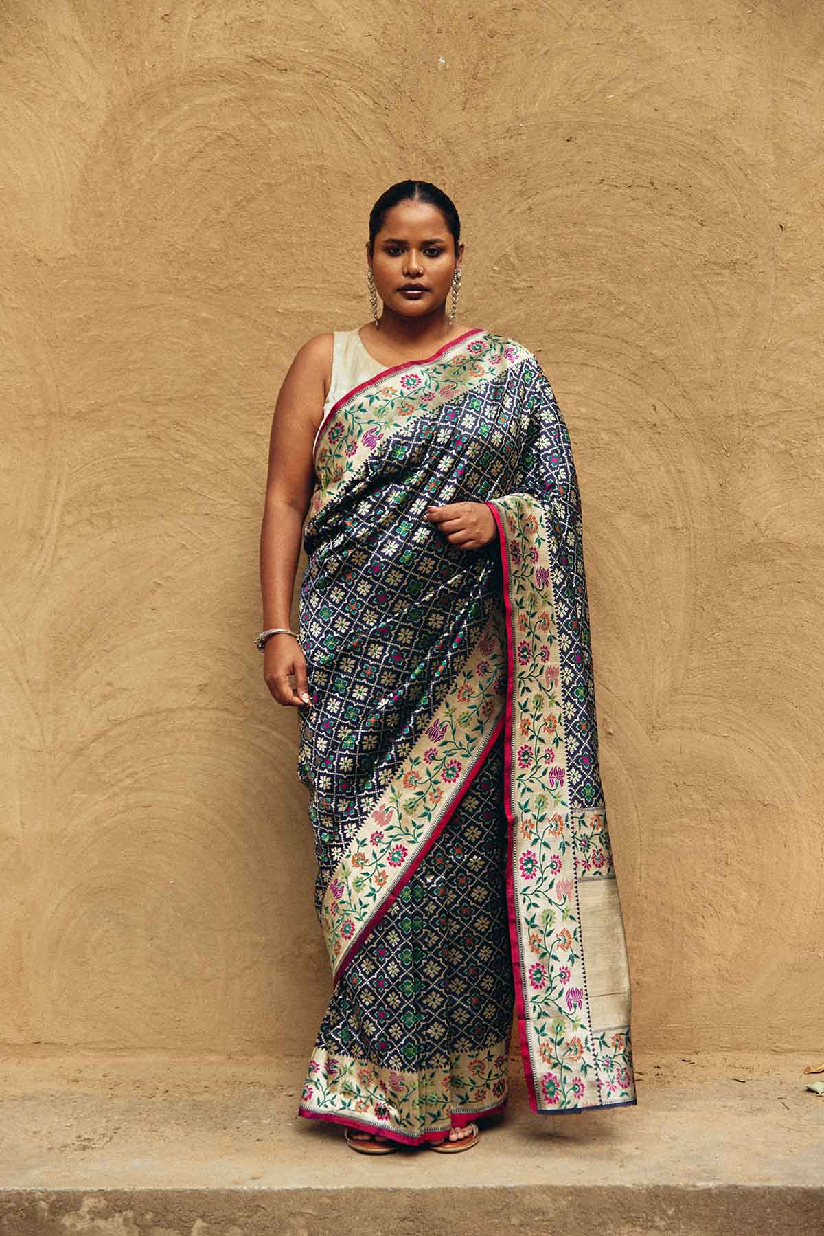 Pure Silk Banarasi Patola Saree with Meenakari Borders – Midnight Blue