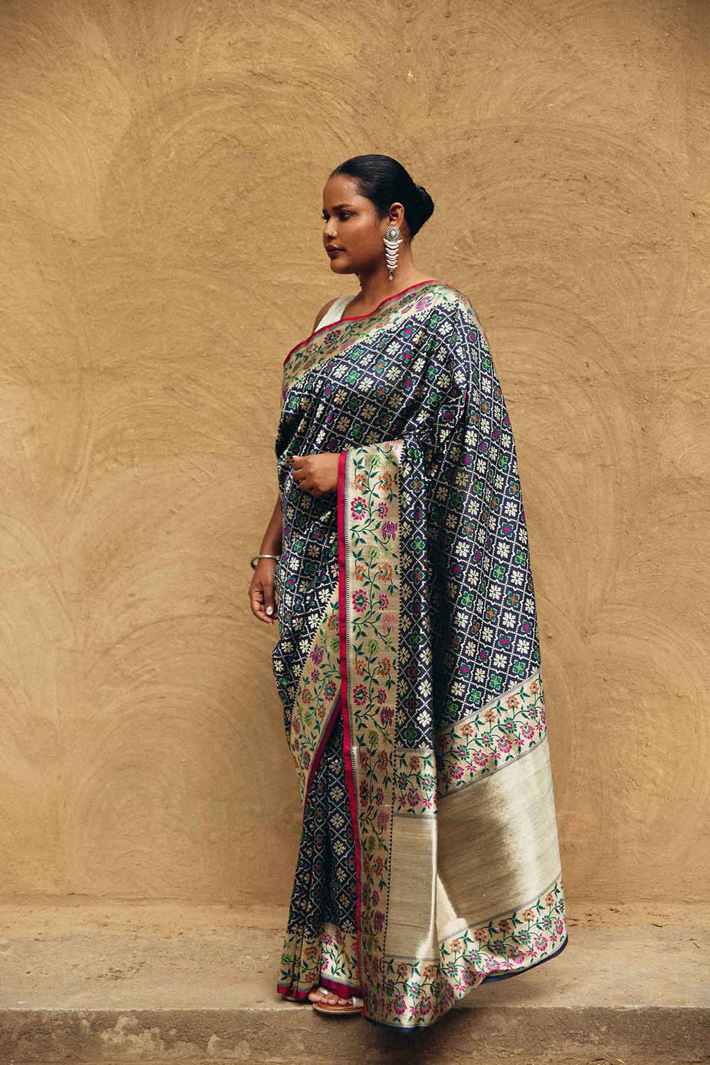 Pure Silk Banarasi Patola Saree with Meenakari Borders – Midnight Blue