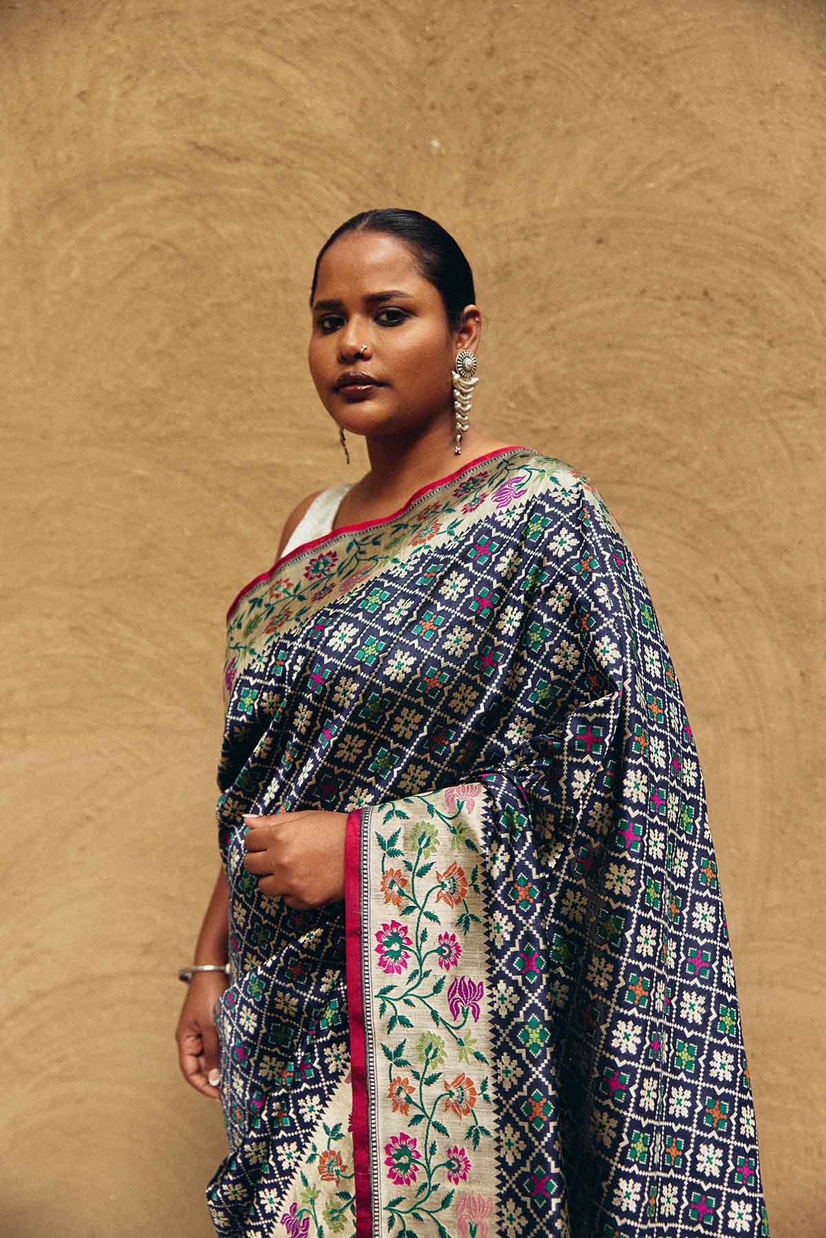 Pure Silk Banarasi Patola Saree with Meenakari Borders – Midnight Blue