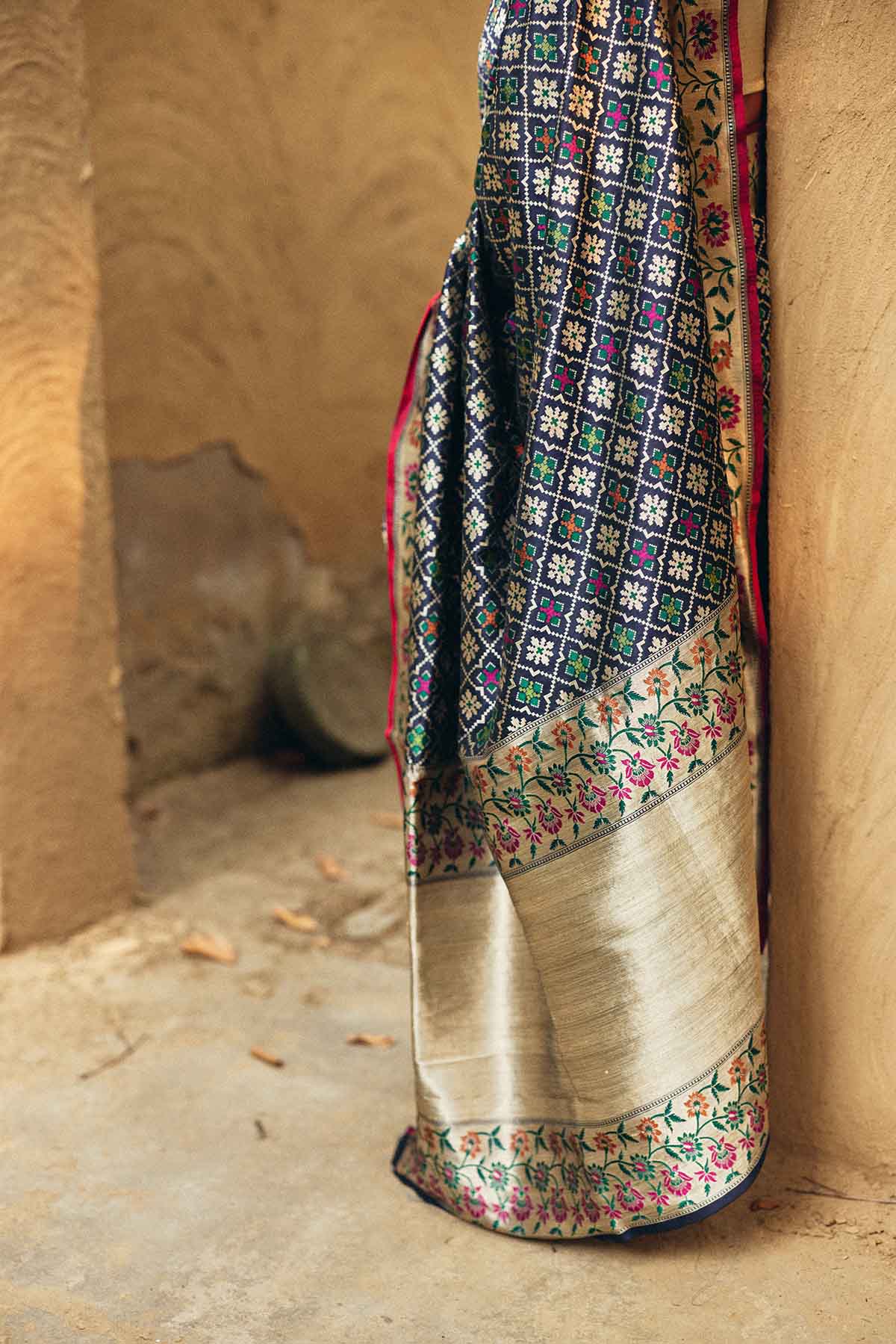 Pure Silk Banarasi Patola Saree with Meenakari Borders – Midnight Blue