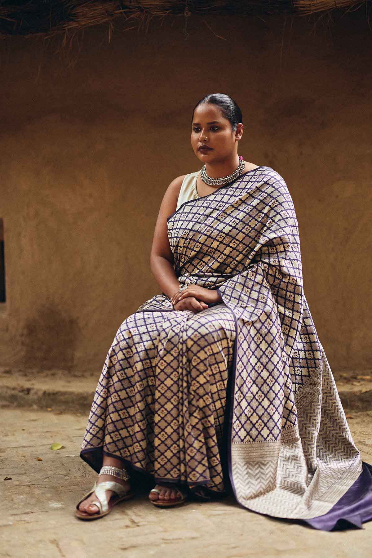 Pure Silk Meena Tanchoi Brocade Banarasi Saree – Midnight Purple