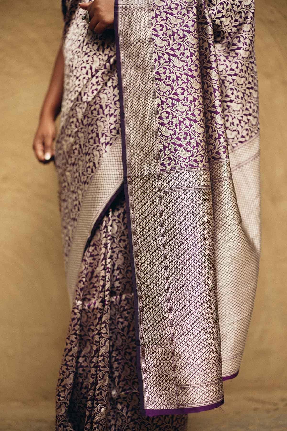 Pure Silk Banarasi Brocade Saree in Deep Purple with Figure Motifs