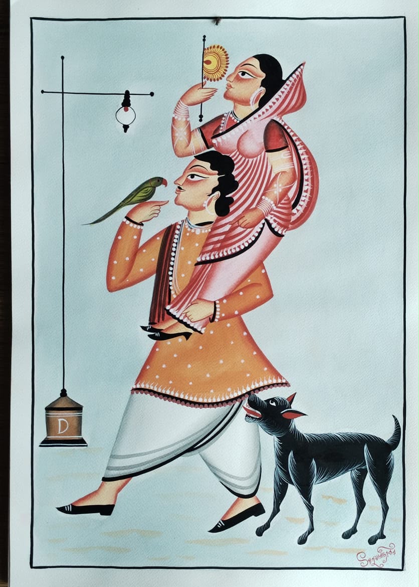 Hand-Painted Kalighat Art – Bengali Couple with Parrot & Dog