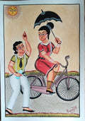 Hand-painted Kalighat-inspired Bengali couple with woman riding a bicycle under an umbrella