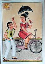 Hand-painted Kalighat-inspired Bengali couple with woman riding a bicycle under an umbrella
