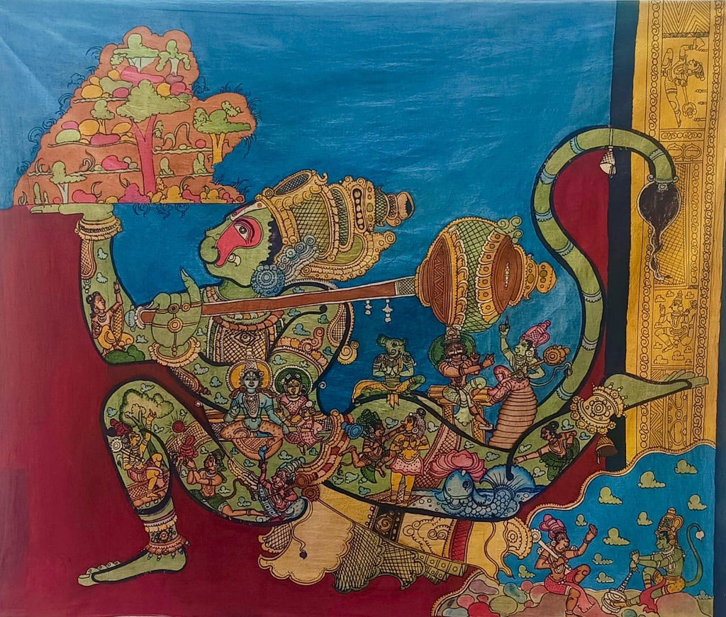 Hand-painted Kalamkari Hanuman story artwork depicting Lord Hanuman with Ramayana scenes and intricate details