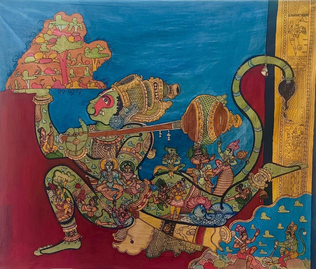 Hand-painted Kalamkari Hanuman story artwork depicting Lord Hanuman with Ramayana scenes and intricate details