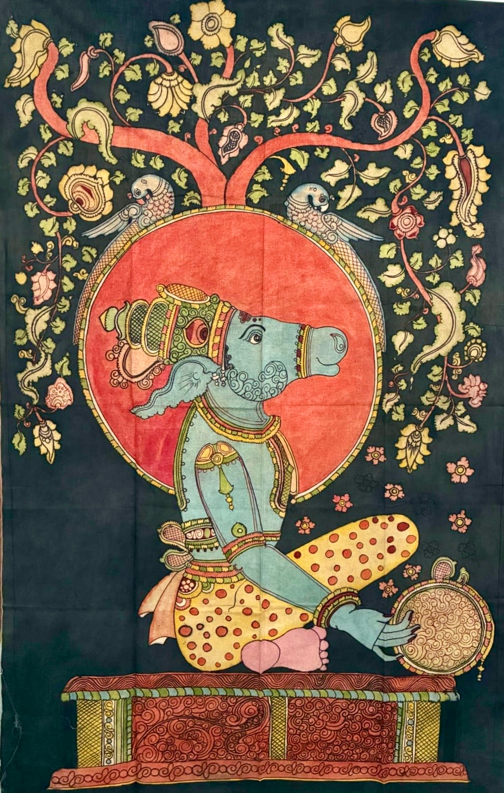 Hand-painted Kalamkari Nandeshwar wall art featuring the sacred bull of Lord Shiva with floral vines and birds