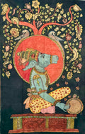 Hand-painted Kalamkari Nandeshwar wall art featuring the sacred bull of Lord Shiva with floral vines and birds