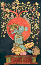 Hand-painted Kalamkari Nandeshwar wall art featuring the sacred bull of Lord Shiva with floral vines and birds