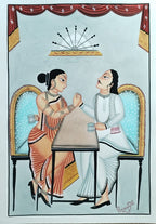 A traditional Indian folk art painting depicting two women seated at a table, one in an orange and white sari and the other in a white kurta, set against a light blue background with red drapery at the top.