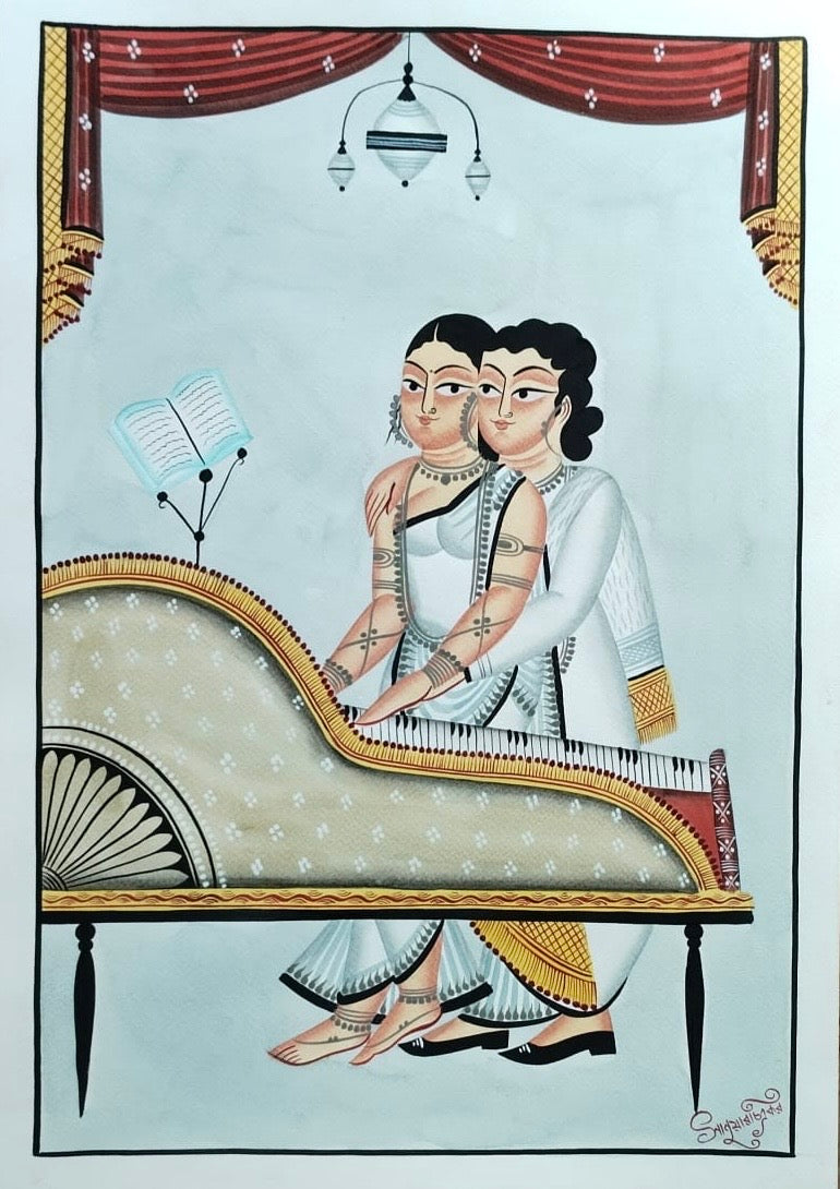 A traditional Indian folk art painting depicting a couple playing a harmonium, set against a light blue background with red curtains and gold accents.